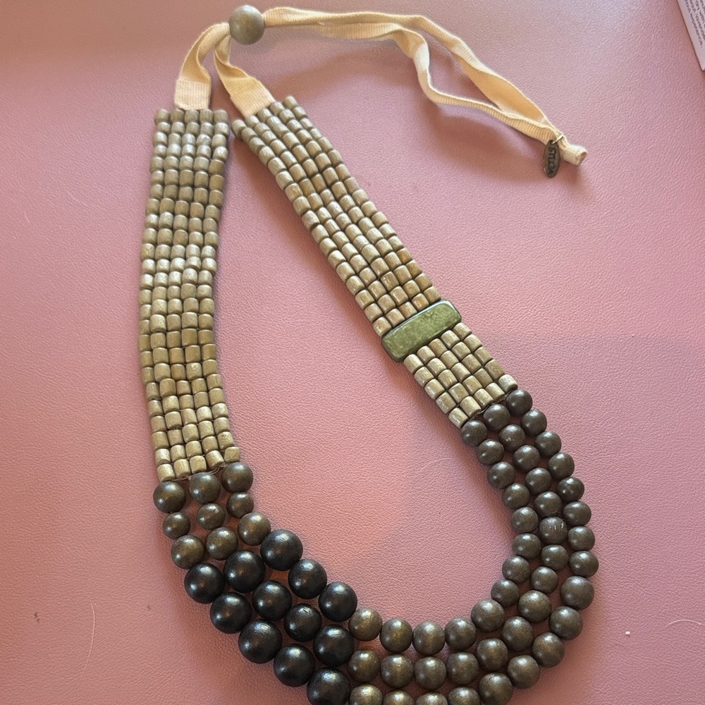 Multi-Strand Brown Beaded Necklace with Satin Tie